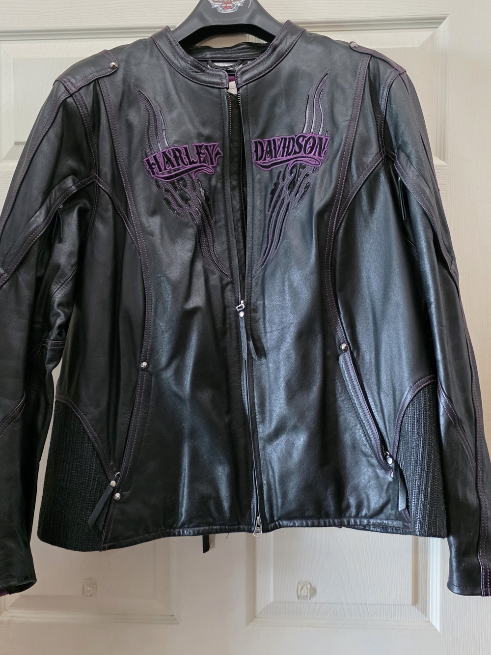 Harley-Davidson Black Leather Jacket with Purple Embroidery